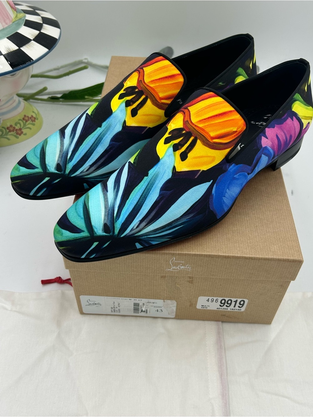 Men's Christian Louboutin floral print satin loafers size 43 made in Italy - Picture 8 of 11